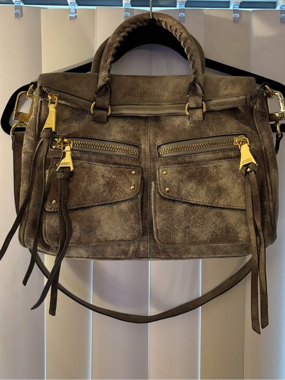 Aimee Kestenberg Metallic Suede Satchel Bag Purse Gold Accents